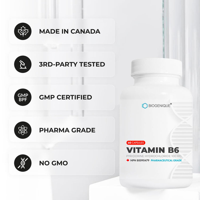 Biogenique Vitamin B6 100 mg - Capsules B6 Pyridoxin - Supports Energy Production & Metabolism - 2 Months Supply Vitamin B6 Supplement Made in Canada, Non-GMO, Vegan (60 Count) 60 Count (Pack of 1)