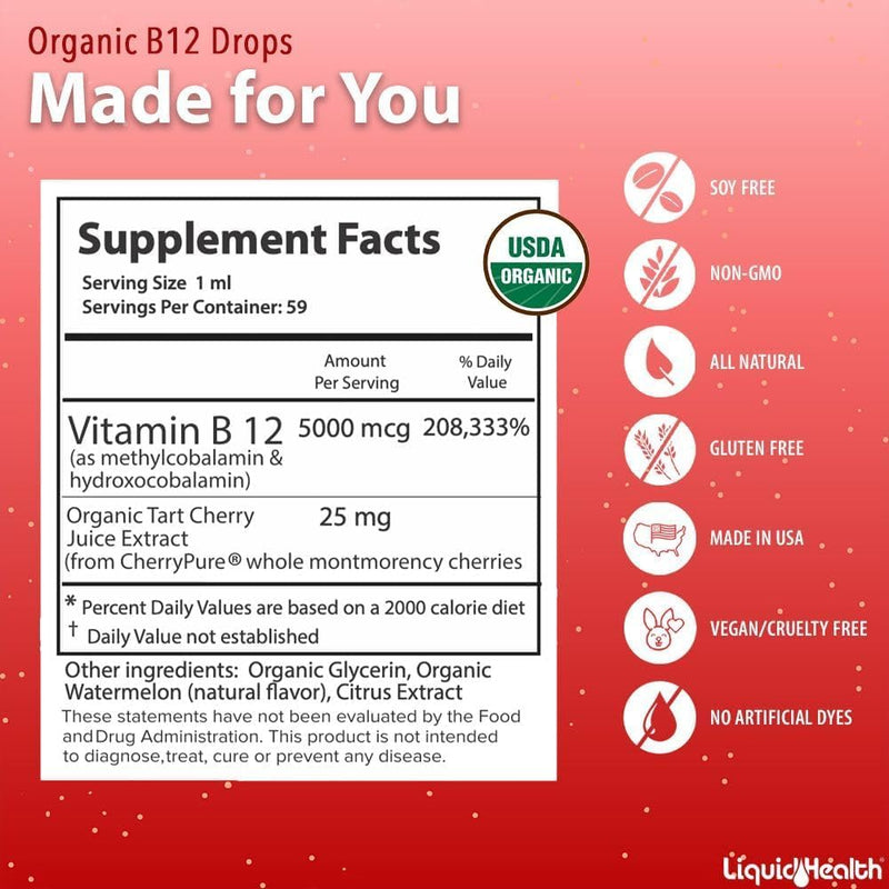 LIQUIDHEALTH USDA Organic Methyl Vitamin B12 Methylcobalamin Liquid Drops with Tart Cherry Juice - Boost Energy, Immune Support, Improve Memory & Concentration - USA Made, Vegan, Non-GMO (3 Pack) 2 Fl Oz (Pack of 3)