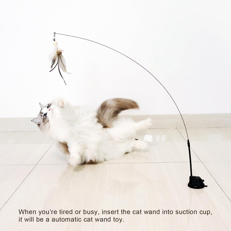 Cat Wand Toys with Suction Cup, Interactive Bird Simulation Cat Toy Set,Cat Teaser Cat Toys,Flexible Steel Wire and 3Pcs Replacement Feather Refills with Bells. Suction Toy Set(3 Refills） - BeesActive Australia