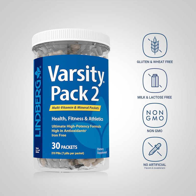 Lindberg Varsity Pack 2 | All-in-One Multivitamin and Mineral Packets | 30 Count | for Health, Fitness and Athletics | Supplement for Men and Women | Non-GMO, Gluten Free