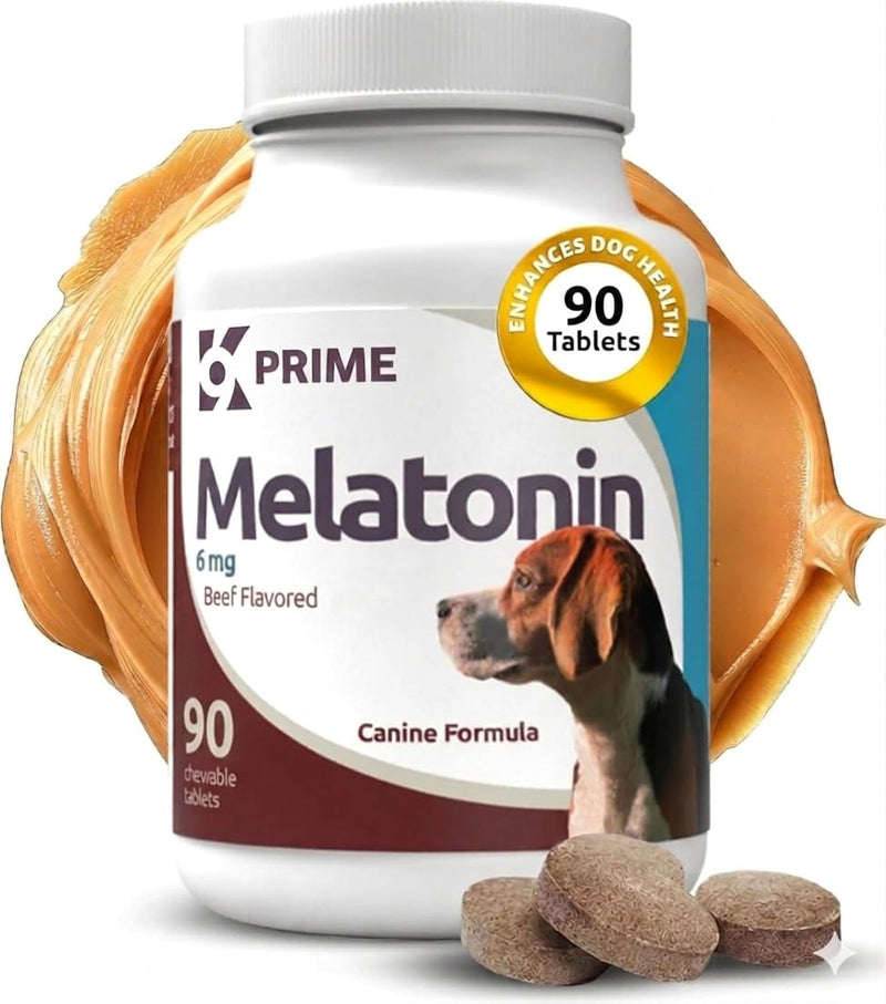 Prime Melatonin for Dogs, Calming Chewable Tablets - Beef Flavored, 6mg 90 Count - Supports Relaxation & Composure for All Dog Breeds