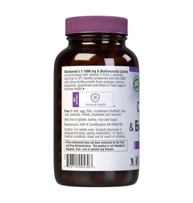 Bluebonnet Nutrition C-1000 mg Plus Bioflavonoids Caplets, Vitamin C 1000 mg, Citrus Bioflavonoids 500 mg, for Immune Health, Soy Free, Gluten Free, Non-GMO, Kosher, Dairy Free, Vegan, 180 Caplets | Immune Health; Non-GMO, Vegan, Kosher Certified, Glut...