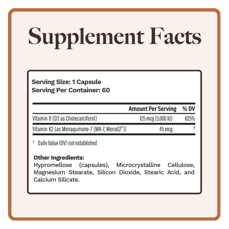 Utzy Naturals Vitamin K2 + D3 | High Dose K2 | 45 mcg of MenaQ7 Form of K2 | 5,000 IU D3 Cholecalciferol Form | Made in USA | 60 Servings