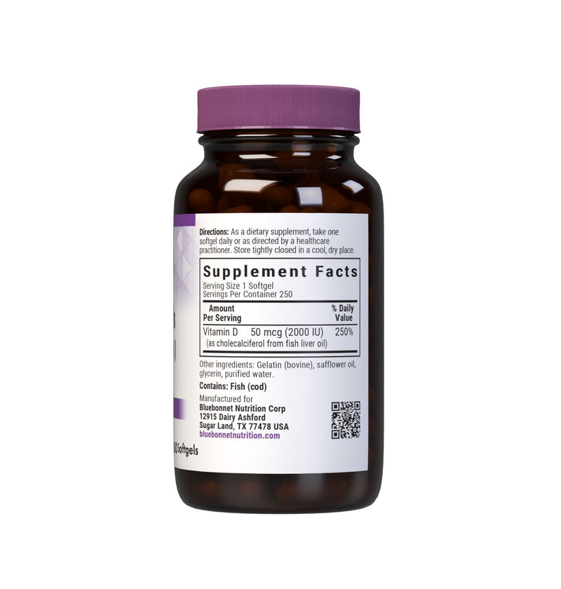 Bluebonnet Nutrition Vitamin D3 2000 IU50 mcg High Potency Immune Support, High Absorption Cold-Water Fish Liver Oil & Plant-Based Non-GMO Safflower Oil, Support Strong Bone, Gluten-Free, 250 Softgels | Bone Health & Immune Health; Non-GMO, Gluten-Free...