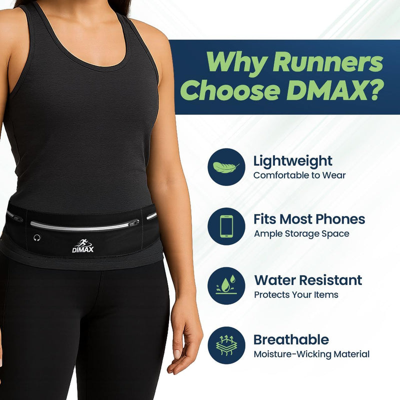 DIMAX Running – Waterproof Travel Bag for Passport & Documents, Nylon Runners Pack, Phone Holder Crossbody, Hydration Waist Belt, Fanny Pack for Men & Women, Gym Pouch, Marathon & Walking Belt