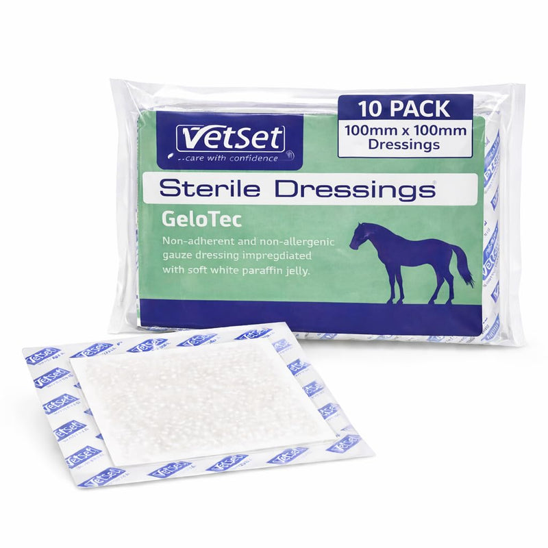 GeloTec | Paraffin Gauze Dressing for Horses, Dogs, Cats & Animals | Sterile Non Adherent Contact Layer for Burns & Wounds | 100mm x 100mm (10 Pack) 10 Pack (100mm x 100mm)