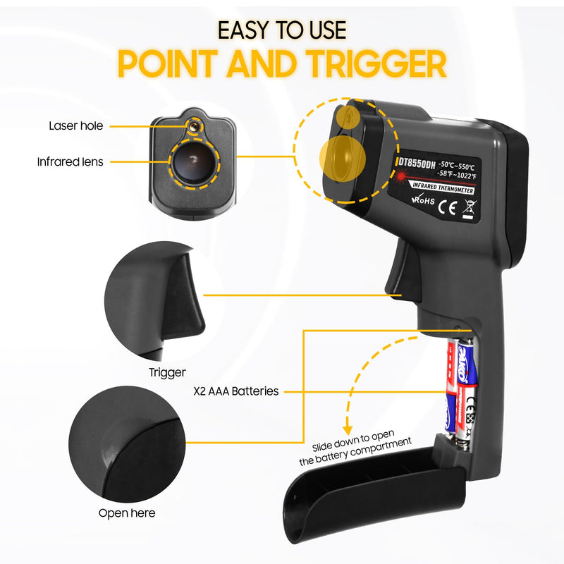 Seentech DT8380BH Industrial Infrared Thermometer - Non-Contact Temperature Tester for Kitchen & Industrial Use, -50°C to 380°C Range, High Precision with Laser Targeting (DT8550DH) DT8550DH