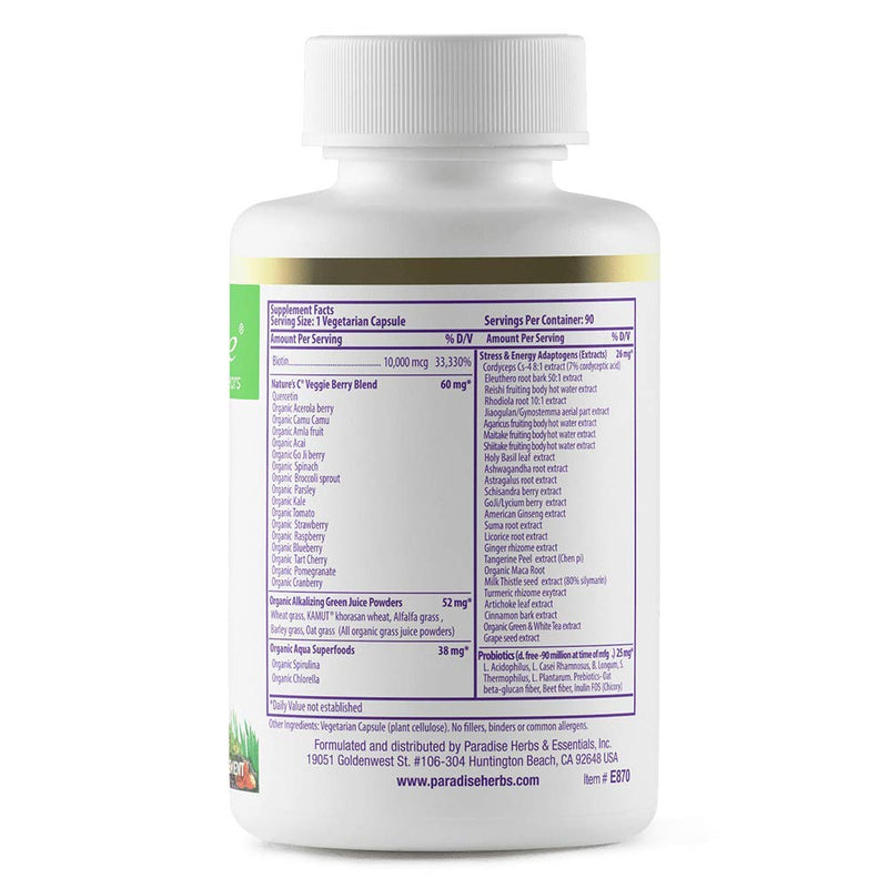 Paradise Herbs Earth's Blend Biotin Supplement, Vegan, 90 Capsules | Non-GMO vegetarian formula for whole body health, designed for daily use with hair, skin and nails support.