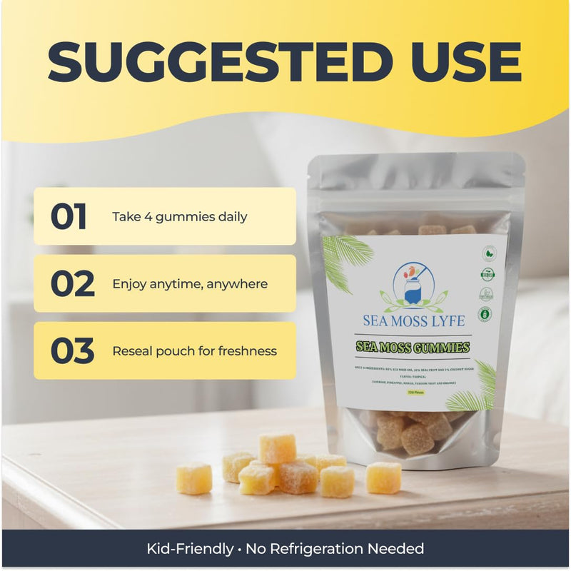 Tropical Tides Gummies – Vegan with Wildcrafted Irish Sea Moss Real Fruit & Vitamin C – Supports Digestive Balance Skin Appearance & Vitality – Gelatin-Free Non-GMO