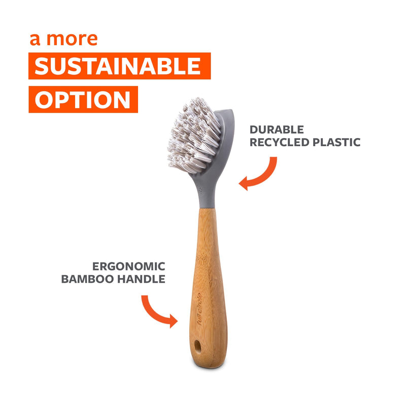 Full Circle Tenacious C Bamboo Dish Brush and Scraper - Kitchen Cleaning Tool Set for Cast Iron Cookware, Dishes, Pots, Sinks - Tough Nylon Bristles, Scrub Brushes with Handle Gray One Size - BeesActive Australia
