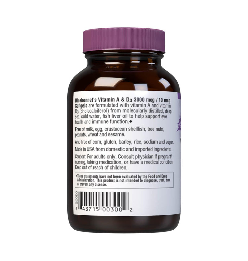Bluebonnet Nutrition Vitamin A & D3 10,000 IU/400 IU from Deep Sea, Cold Water, Fish Oil - For Eye Health & Immune Function* - Gluten Free -Dairy Free -Molecularly Distilled -100 Softgel/100 Servings | For Eye Health & Immune Function