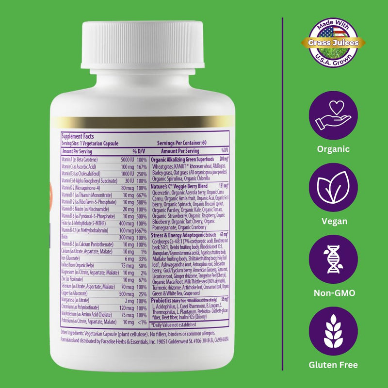 Paradise Herbs & Essentials Once Daily Multivitamin No Iron 60 Count | Features 48 organic superfoods, probiotics, and vitamins A, B12, C, D and K2 in vegetarian capsules for routine use 60 Count (Pack of 1)