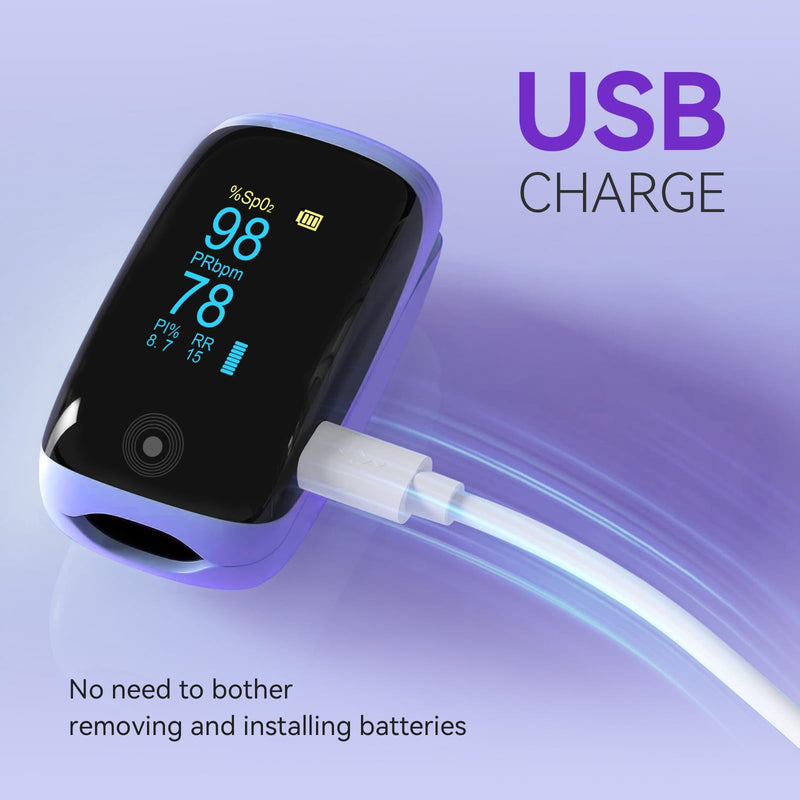 Rechargeable pulse oximeter with respiration , with SpO2 Pulse Rate and PI RR Precision Fast Oximeter SpO2 Reading Outdoor Sports Home (Purple) - BeesActive Australia