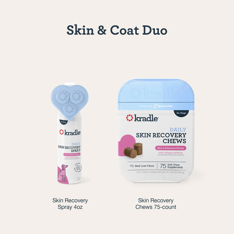 Kradle Skin Recovery Chews for Dogs - Biotin Collagen Zinc + Anti-Itch Spray - Soothes Environmental Skin Irritation - 75 Chews + 4oz Spray 75-Count Chews & 4oz Spray
