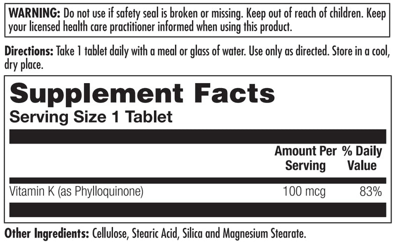 KAL 100 Mcg K1 Tablets, 100 Count | Pack of 2 - BeesActive Australia
