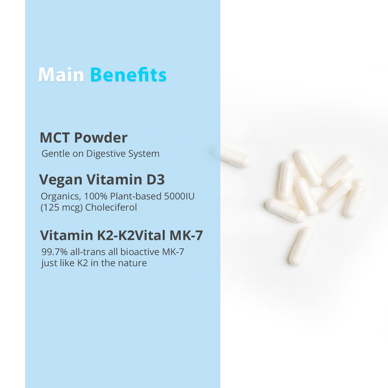 Vitamin D3 K2 with MCT, 5000 IU Vegan D3 & 100 mcg MK7 K2, Support Strong Bones and Immune Health - 60 Capsules (60 Days Supply) 60 Count (Pack of 1)