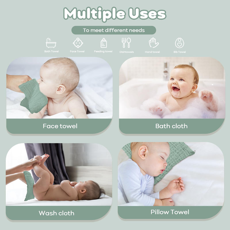 Yoofoss Muslin Baby Washcloths 100% Cotton Face Towels 10 Pack Wash Cloths for Baby 12x12in Soft and Absorbent Baby Wipes (Dark Green) Dark Green - BeesActive Australia