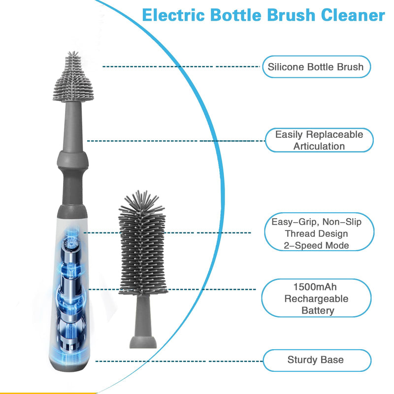 Electric Bottle Brush Cleaner Set, Electric Baby Bottle Brush Cleaner with Rechargeable Electric Bottle Cleaner and Silicone Bottle Brushes and Straw Brush, Automatic Bottle Cleaner Brush (Grey) Gray - BeesActive Australia