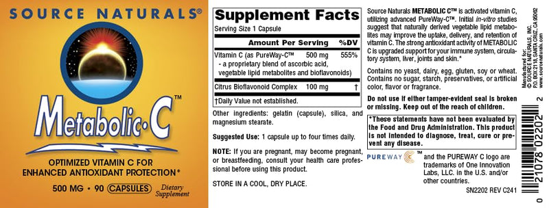 Source Naturals, Metabolic C - 500 mg - 90 Capsules | Optimized Vitamin C for Enhanced Antioxidant Protection 90 Count (Pack of 1)