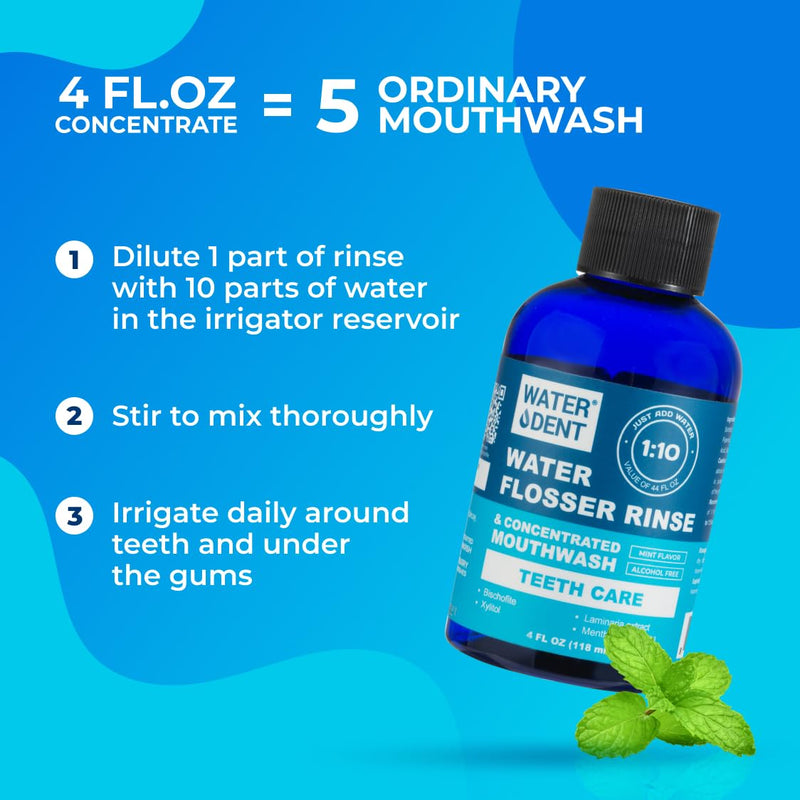 | Water Flosser Rinse, IRRIGANT, Concentrate Mouthwash | When dilluted1:10 = 44 fl.oz, Travel Size, Add to Oral irrigator, Mint Flavor, Alcohol & Fluoride Free. Made in USA | 4 fl.oz 4 Fl Oz (Pack of 1) - BeesActive Australia