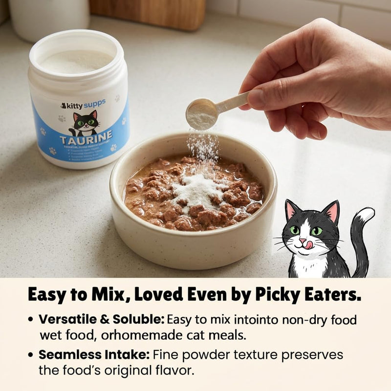 KittySupps Taurine for Cats, KittySupps Taurine Supplement - 99.9% Pure Taurine Supports Vitality & Coat Health, Easy to Mix in Food, with Dosing Spoon, 200g