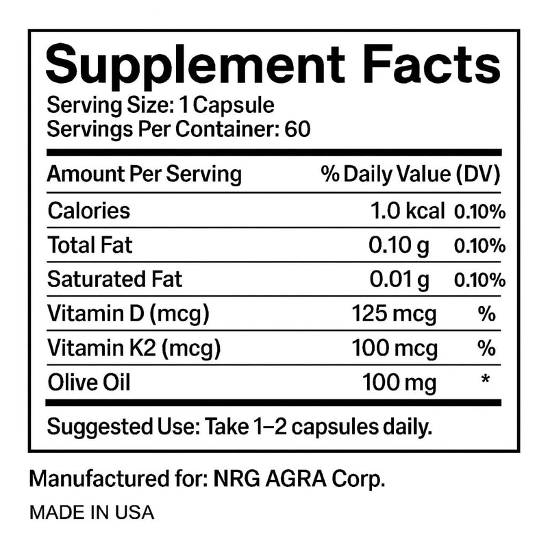 Vitamin K2 with D3 Supplement Non-GMO Formula 125 mcg Vitamin D3 & 100 mcg K2 (MK-7) Easy to Swallow D & K Complex, 60 Capsules