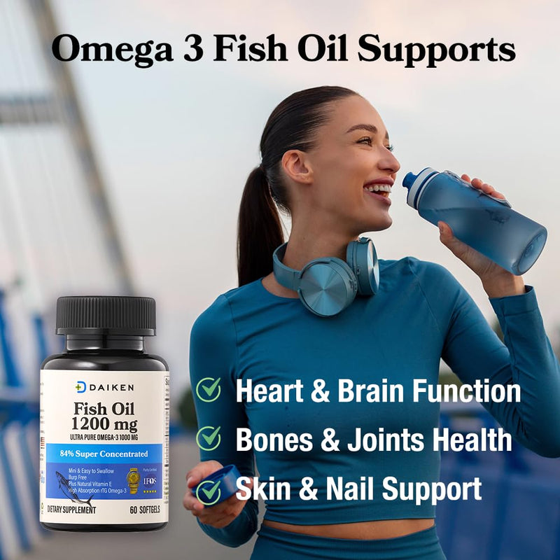 DAIKEN Fish Oil 1200mg, rTG Omega 3 1000mg, Burpless 60 Softgels 2 Packs | Triple Strength EPA, DHA for Heart & Brain- Wild Caught, Mercury Free - Non-GMO, Gluten Free, Third-Party Lab Tested NEW 60 Count (Pack of 2)