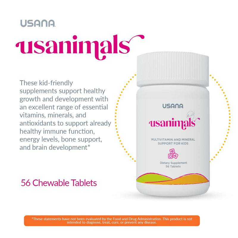USANA - Usanimals Multivitamin for Kids - 56 Chewable Tablets | Features Vitamins A, C, D, E, B6, B12, Zinc, Iron, Calcium, Magnesium and Choline Animal-Shaped Chewables For Kids Ages 2–12