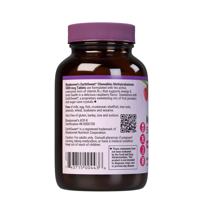 Bluebonnet Nutrition EarthSweet Methylcobalamin 5,000 mcg Active Coenzyme Form of Vitamin B12 Supports Energy Boost & Metabolism - Vegan, Gluten-Free - Raspberry Flavor - 60 Chewable Tablets | Energy Boost & Metabolism; Non-GMO, Vegan, Kosher Certified...