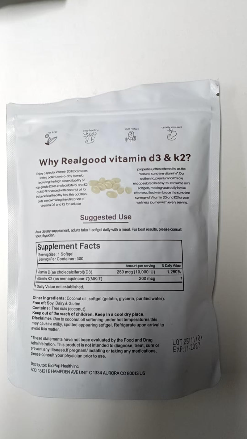 wuliao Vitamin D3 K2 10,000 IU – 2-in-1 D&K Complex with Vitamin K2 (MK-7), Supports Bone & Calcium Absorption, Immune Support, Non-GMO, 300 Softgels (1 Pack) 300 Count (Pack of 1)