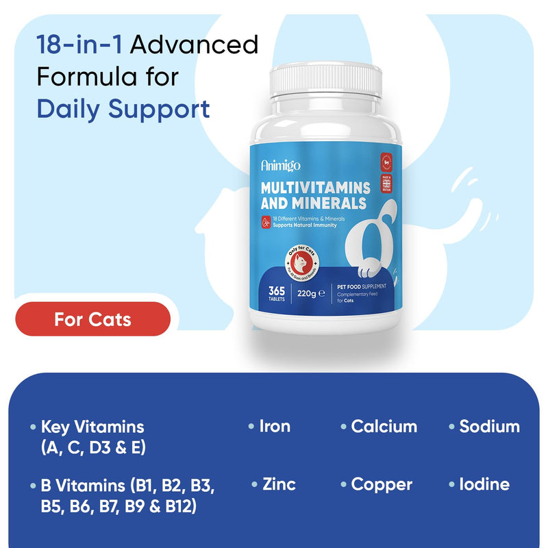 Multivitamins and Minerals for Cats - 365 Chicken-Flavoured Tablets - With 18 Vitamins & Minerals - Supports Natural Immunity - Easy to Crush Tablets - Suitable for Cats of All Breeds
