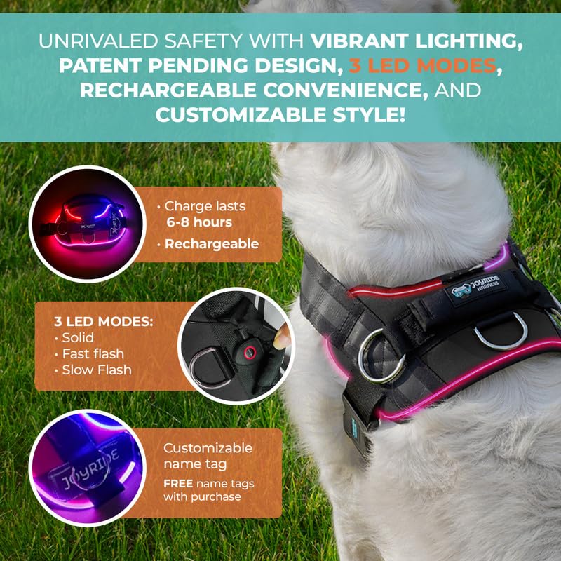 Joyride Harness LED Light Up Dog Harness 2.0 - Patent Pending Design, 3 LED Modes, Vibrant Rechargeable Lighting, Customizable Name Tag Area, and Convenient On/Off Button for Enhanced Pet Safety Large Black - BeesActive Australia