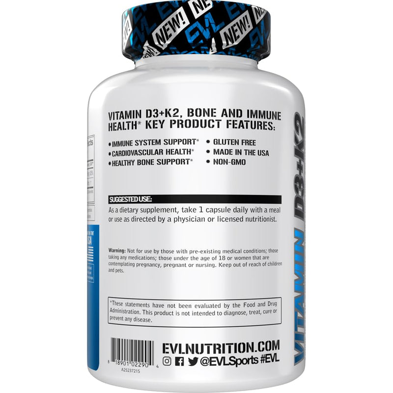EVL Vitamin D3 K2 Supplement - 5000IU Vitamin D - 90mcg VIT K - 60 Servings | For Heart, Bone and Immune System Support - High Absorption - Gluten Free Veggie Capsules