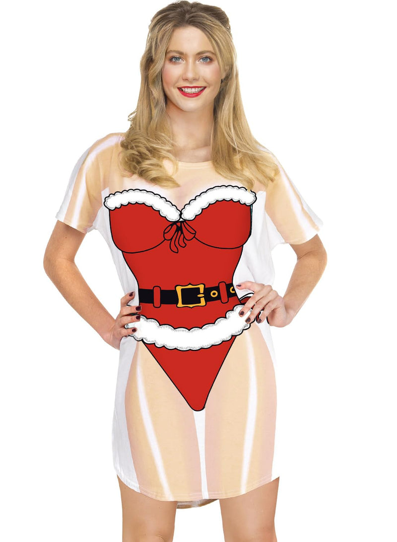 ALIREVERIE Women's Funny Bikini Shirt Cover Up Beach Pool Party Short Sleeve T-Shirt Dress Large Santa Belt