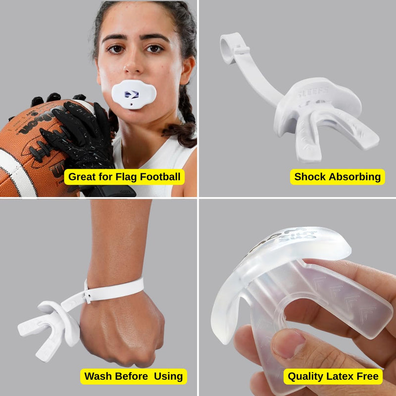 Football Mouth Guard – Lip Guard Football Mouthpiece with Strap – Breathable, Comfortable – Sleefs White