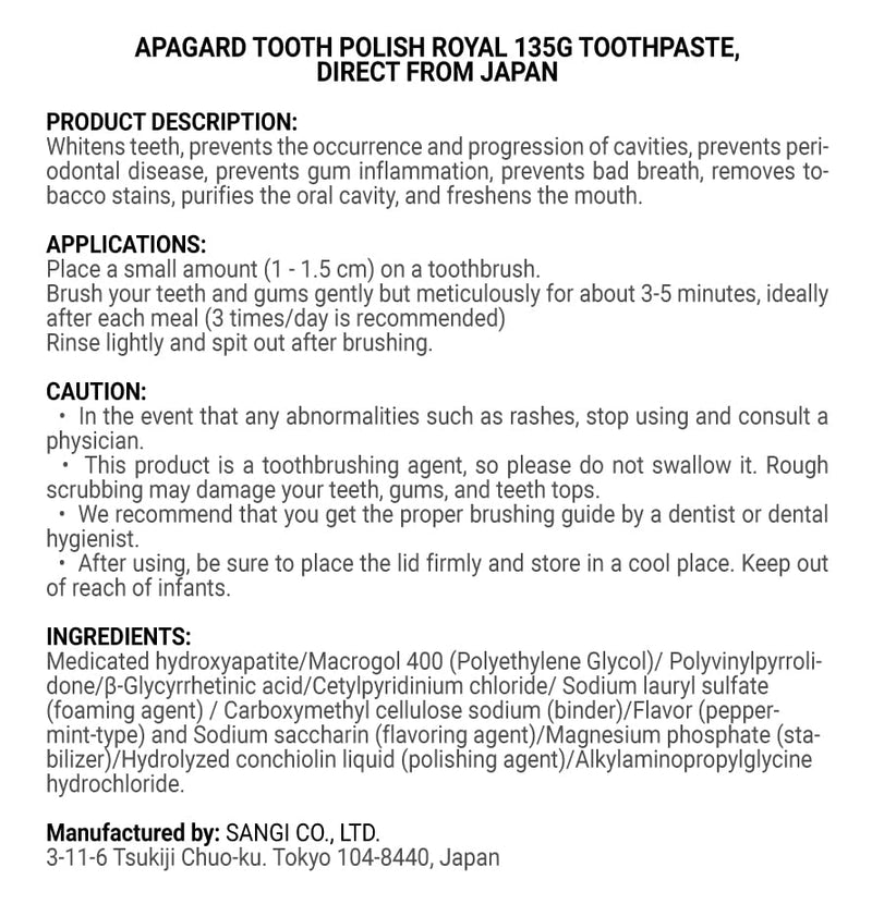 Apagard Tooth Polish Royal 135g toothpaste, Direct from Japan
