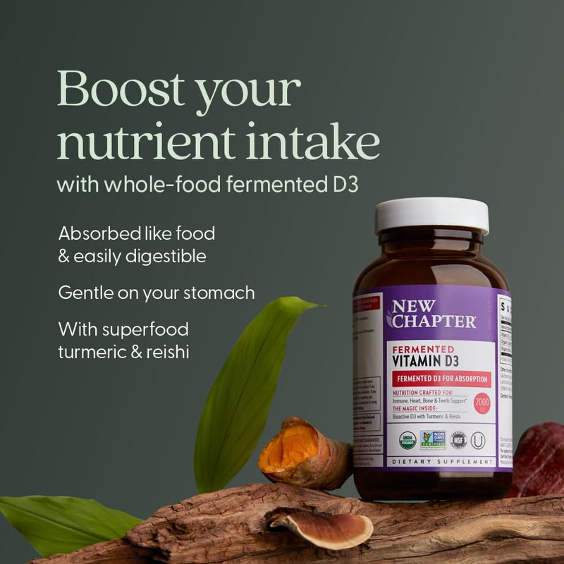 New Chapter Fermented Vitamin D3 2,000 IU, 60 Count | USDA Organic ONE Daily for Immune, Heart, and Bone Support with Whole-Food Turmeric and Adaptogenic Reishi Mushroom 60 Count (Pack of 1)