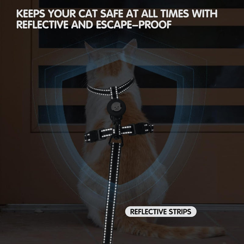 BINGPET Cat Harness and Leash Set Escape Proof for Walking,Adjustable Kitten Harness with Airtag Holder for Small Medium Large Cats,Easy Control Soft Harness with Reflective Stripes(Black Reflective) Neck:8"-12" Chest:12.5"-18" Black Reflective - BeesActive Australia