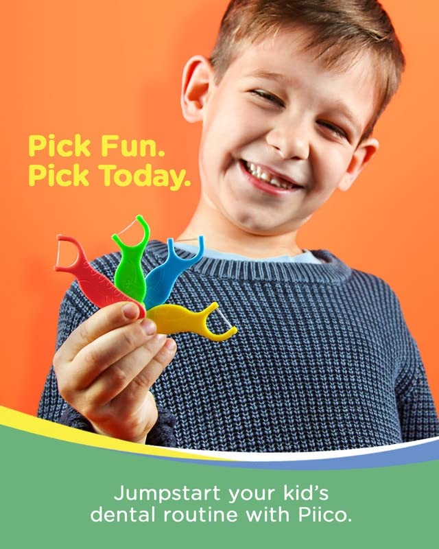 Piico Unflavored Kids Floss - No Fluoride Dual Line Dental Floss Picks - Fun Oral Care in Colorful Floss Sticks Design - Flossers Prevent Tooth Decay & Gum Disease - 300 Playground Dino & Travel Case Dino Playground