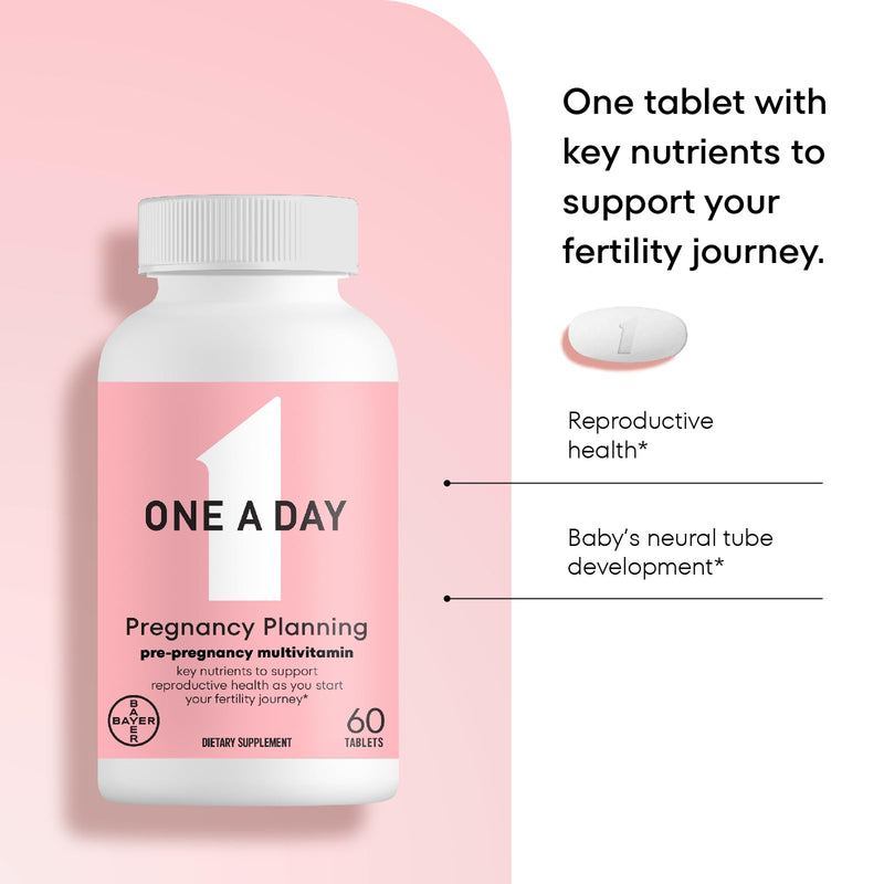 One A Day Pregnancy Planning Prenatal Multivitamin for Women, Pre Pregnancy Vitamins for Women with Methylfolate, Folic Acid, Zinc, Vitamin B12 & Vitamin D to Support Reproductive Health, 60 Tablets