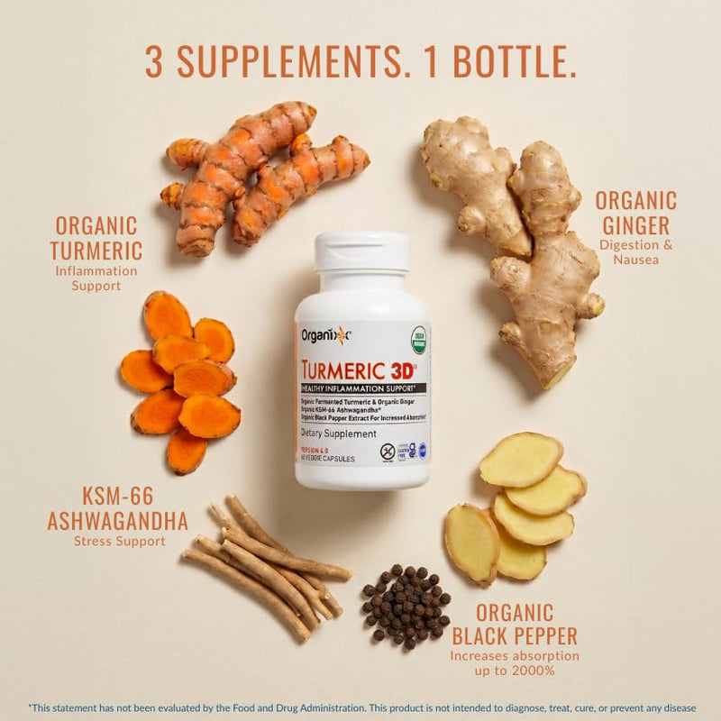 Organixx Organic Turmeric Curcumin with Ashwagandha, 30 Caps | USDA Organic turmeric curcumin fermented with Ashwagandha, Vitamin D & Ginger, supports joints, immunity & vitality 30 Count (Pack of 1)