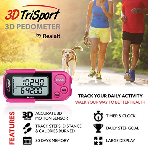 Realalt 3DTriSport 3D Walking Pedometer with Clip & Strap, Accurate Step Counter with 30-Day Memory, Distance in Miles/KM with Large Display Perfect for Seniors & Beginners, eBook Included Magenta