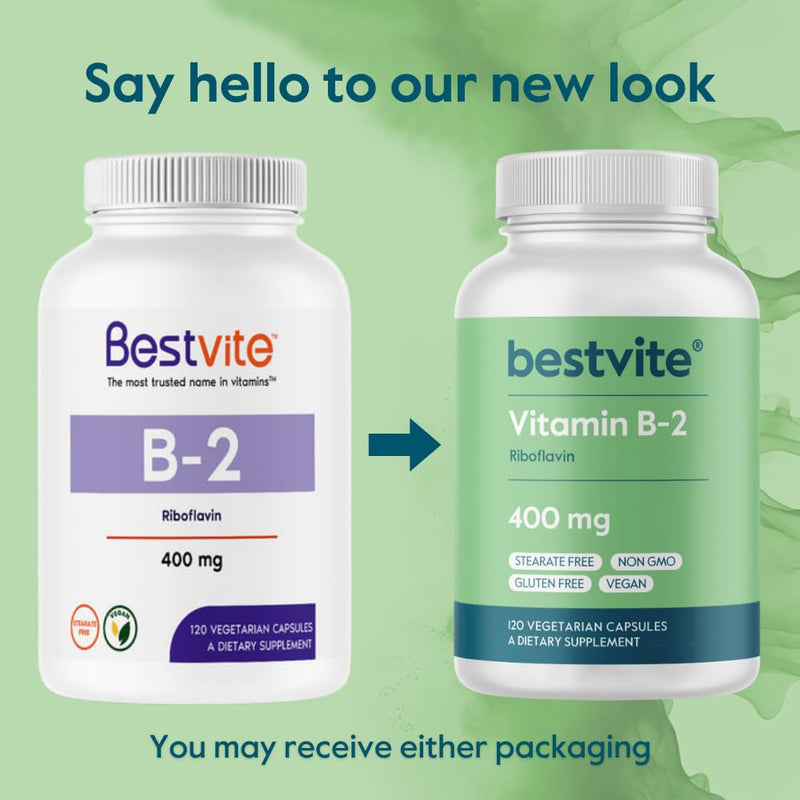 BESTVITE Vitamin B-2 (Riboflavin) 400mg (240 Veg Caps) (120x2) | High Potency - No Stearates - Vegan - Non GMO - Gluten Free - Energy, Skin & Cellular Health* 240 Count (Pack of 1)