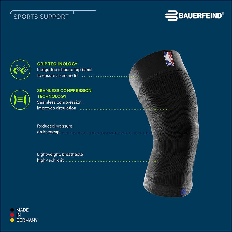 Bauerfeind Sports Compression Knee Support NBA - Lightweight Design with Gripping Zones for Basketball Knee Pain Relief & Performance with Team Designs (Black, L) Large Black - BeesActive Australia