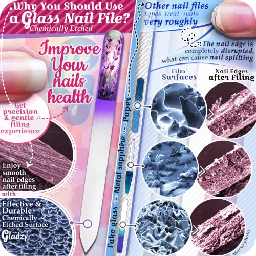 GLADZY Genuine Czech Glass Nail File Set - Callus Remover Foot Rasp, Cuticle Pusher Manicure Stick, Double Sided Etched Different Grit Surface, Professional Nail Care Tool, Made in EU All-in-one Set - Aqua Magenta