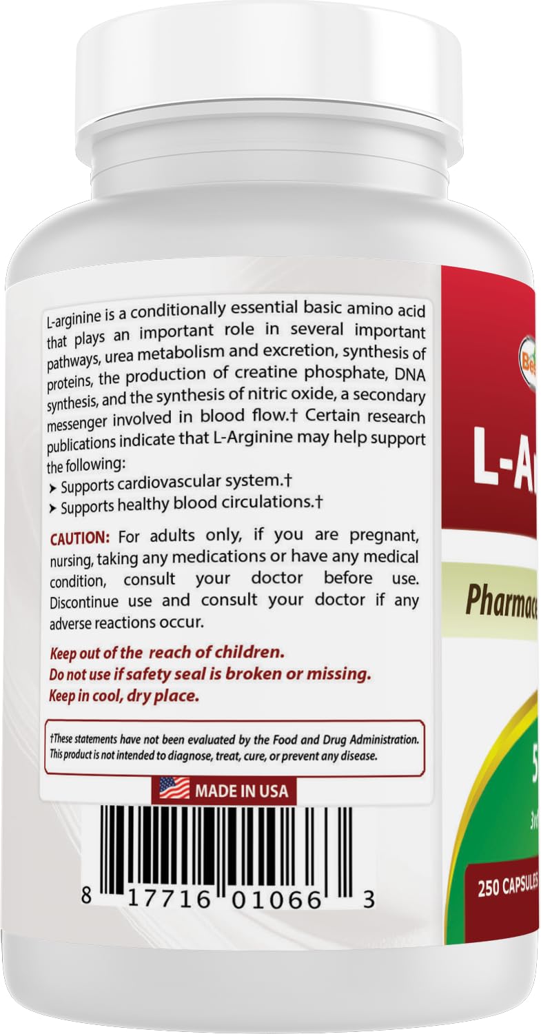 Best Naturals L-Arginine 500mg 250 Capsules - Pharmaceutical Grade L Arginine supplement promotes nitric oxide synthesis 250 Count (Pack of 1)