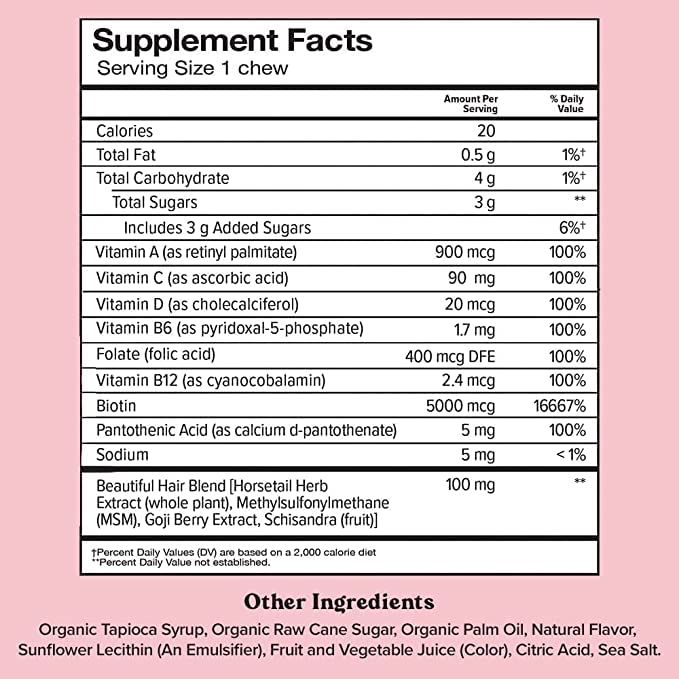 Chewsy - Beautiful Hair Chews - Promotes Stronger, Healthier Hair, Biotin, Vitamins C, A, B12, D3, Goji Berry - 6-Day Supply 6 Count (Pack of 1)