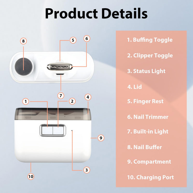 Electric Nail Clipper with LED Light, Rechargeable Nail Trimmer for Babies, Toddlers, Adults & Seniors, Quiet Baby Nail File with Storage Box, Safe Fingertip & Toenail Cutter - BeesActive Australia