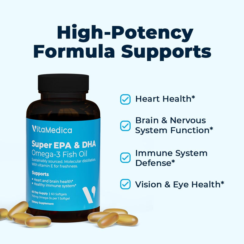 VitaMedica Super EPA/DHA Fish Oil, 750mg Omega-3-60 Servings | High-Potency Essential Fatty Acids, Heart Health, Brain Health & Immune System Support