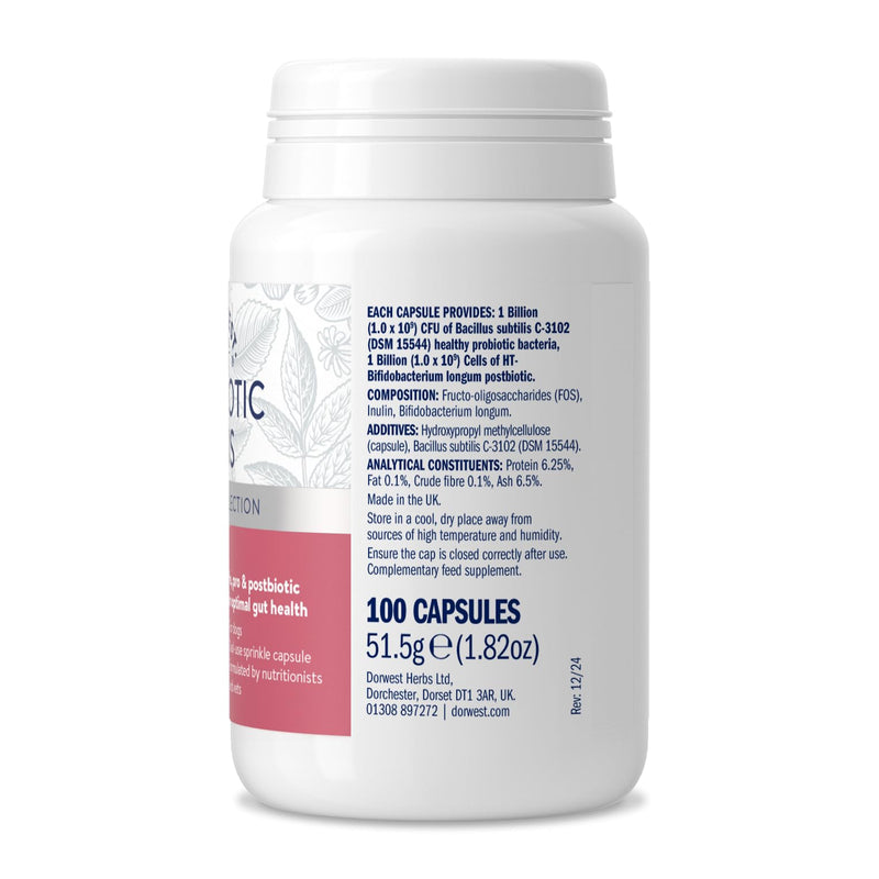 Dorwest Herbs Probiotic Plus for Dogs 100 Capsules, Pre, Pro and Postbiotic with Daily Microbiome Support for Optimal Gut Health